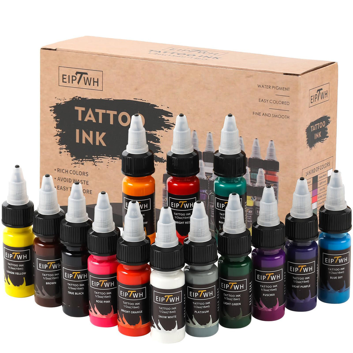 Ensemble EIPTWH encre tatouage 14 couleurs 15ml, palette prête pour contours et ombrage.