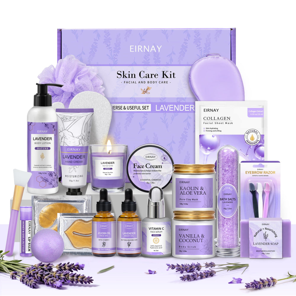 Coffret EIRNAY soin visage et corps avec parfum lavande apaisant.