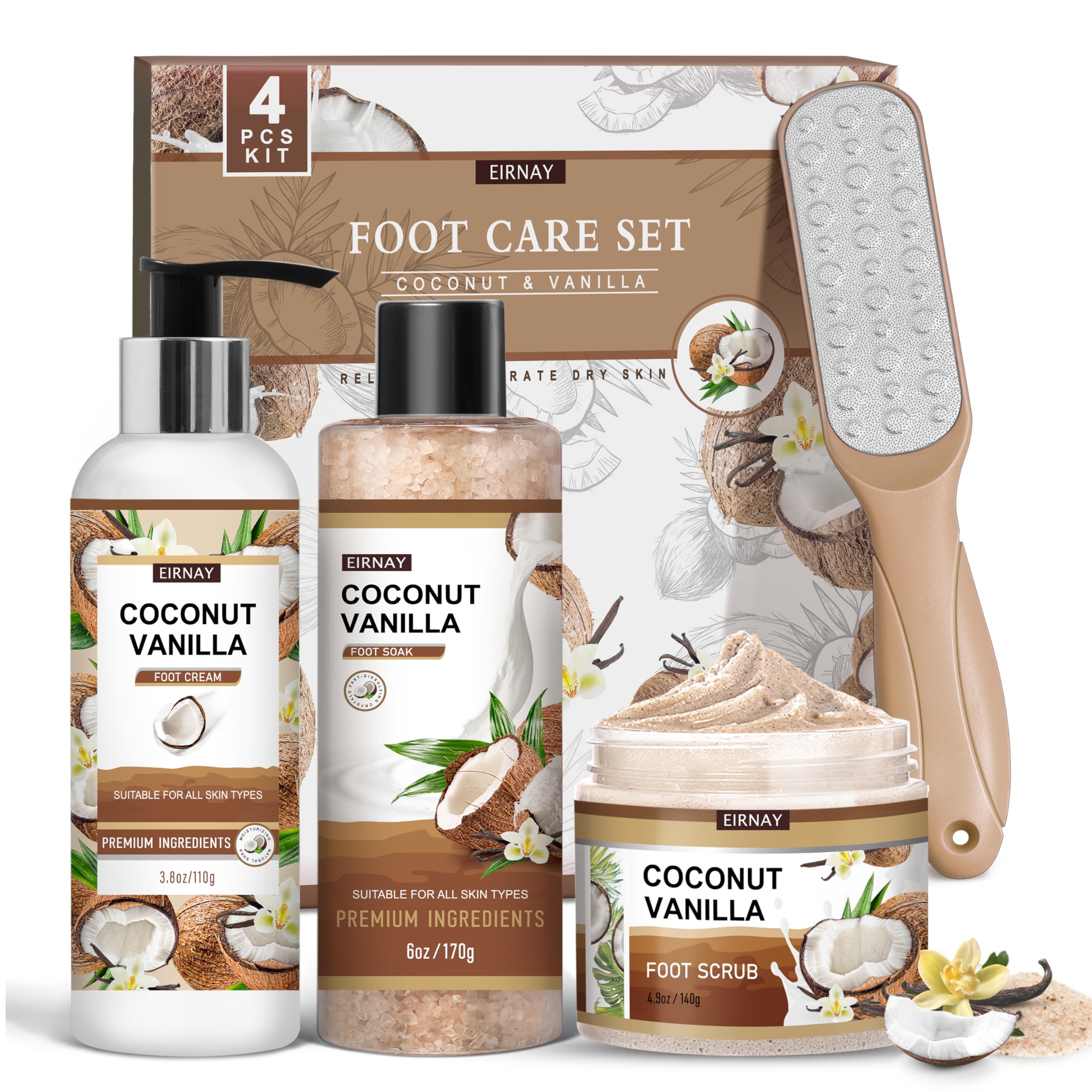 EIRNAY Sels-bain-pieds coco-vanille pour une hydratation douce des pieds.