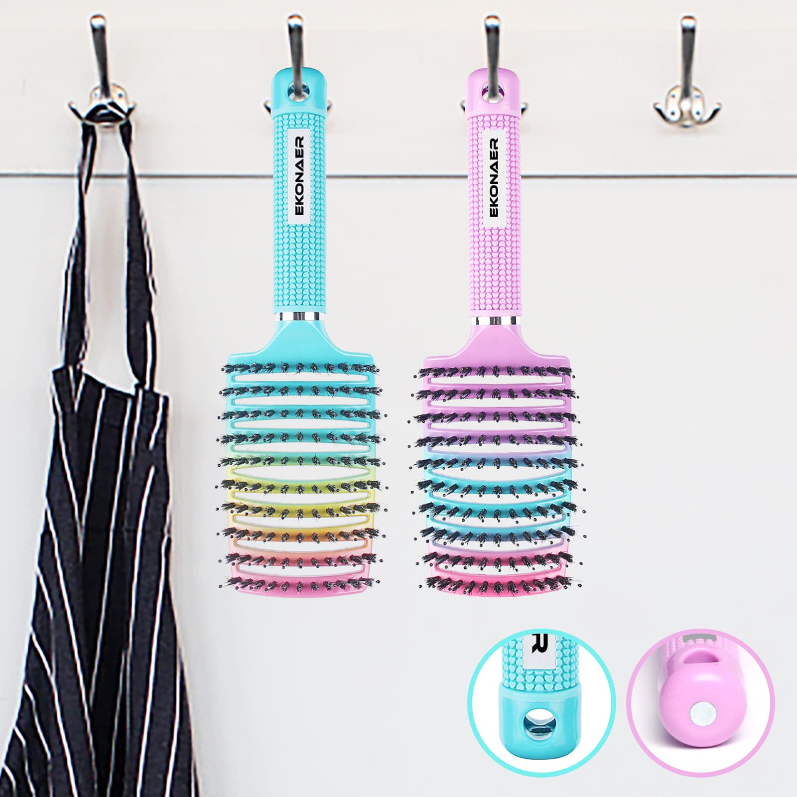 Brosse EKONAER à forme incurvée qui épouse le cuir chevelu pour démêlage efficace.