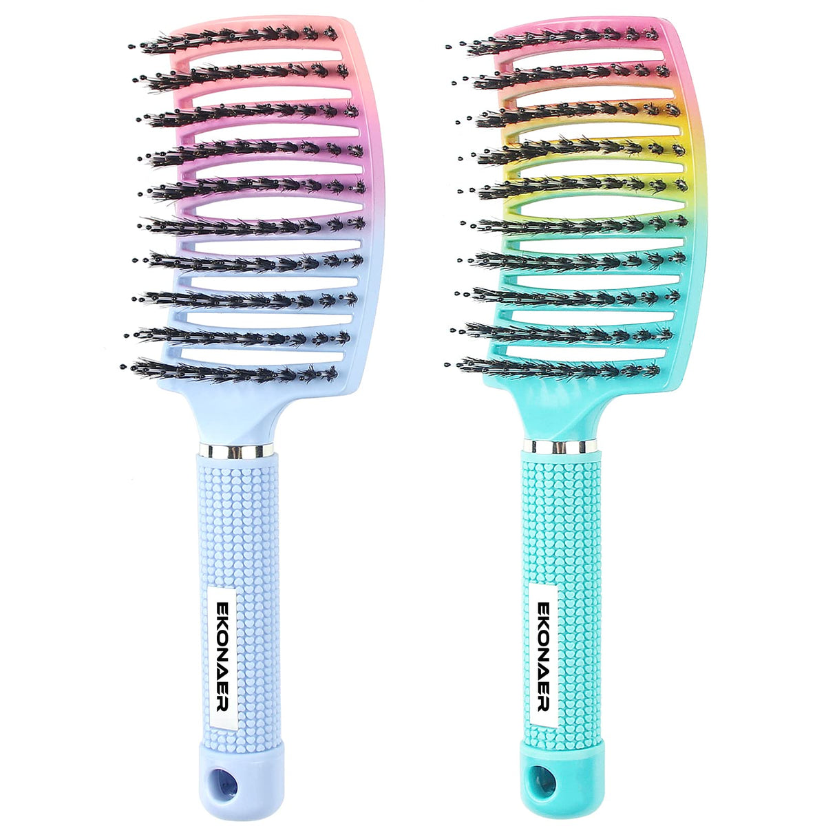 Brosse EKONAER démêlante, poils sanglier, vert et bleu pour cheveux lisses.