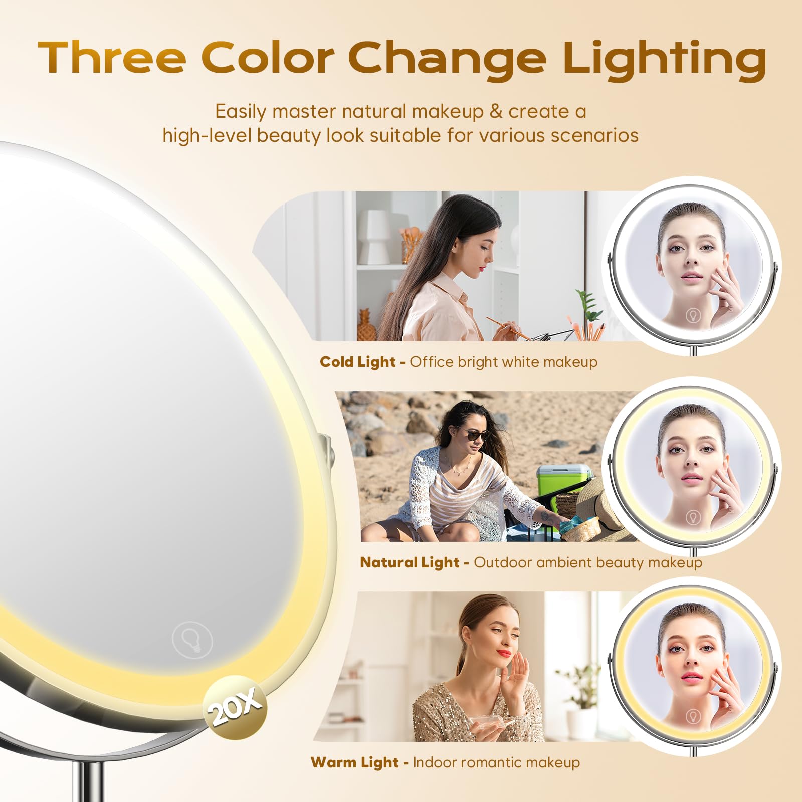 Elasound Miroir maquillage 3 couleurs LED pour ajuster l’éclairage.