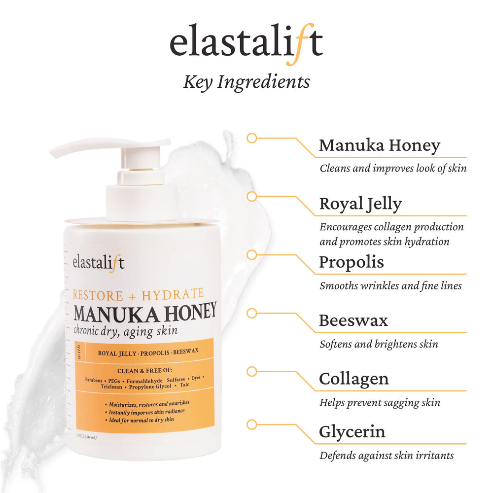 Crème Elastalift Miel Manuka – texture corps-lotion pour nourrir la peau sèche.