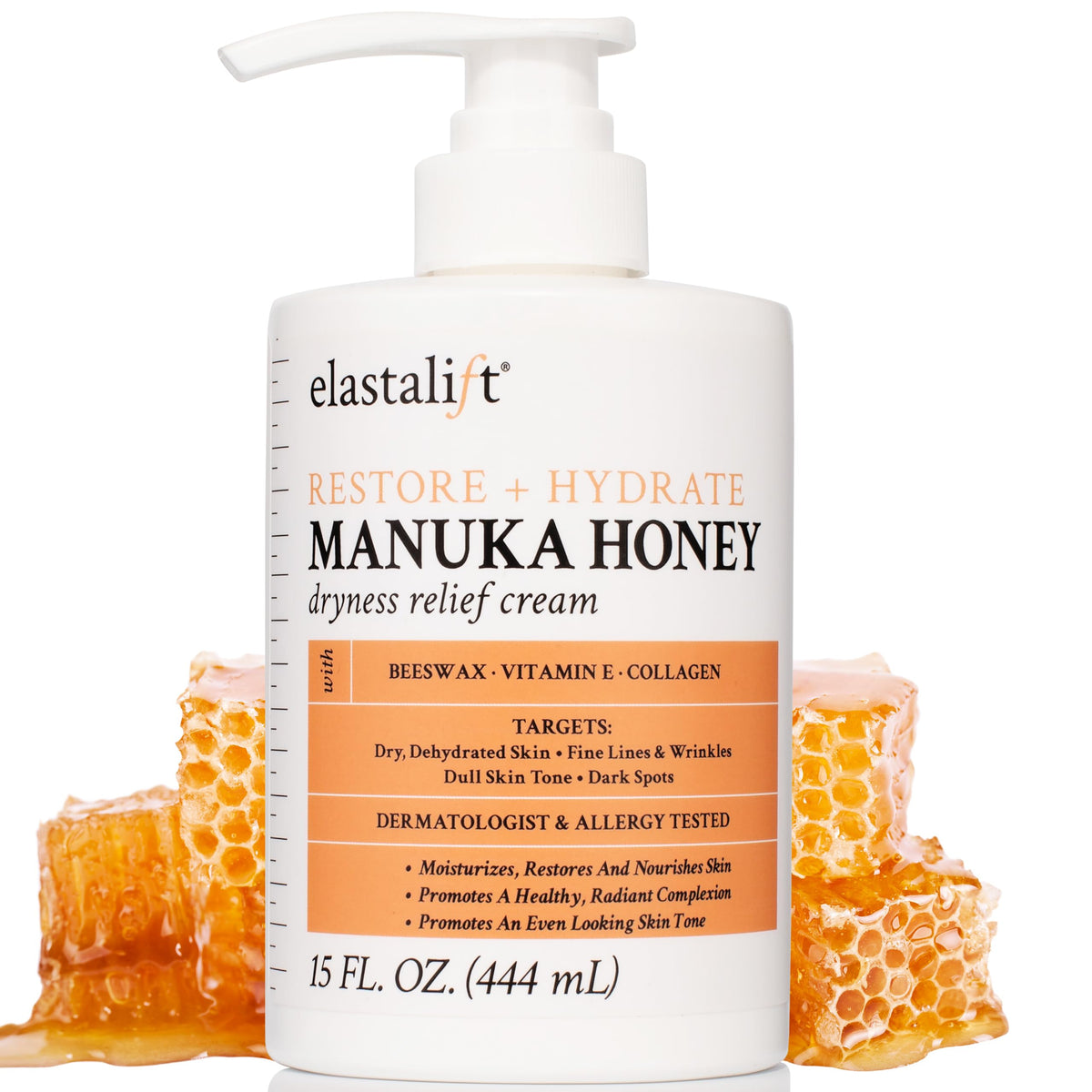 Crème Elastalift Miel Manuka – visuel flacon-pompe pour hydrater la peau du visage.