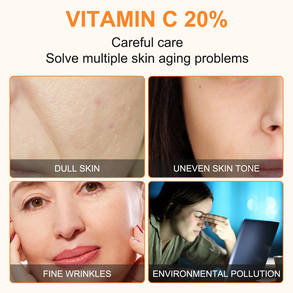 Étiquette claire indiquant 20% vitamine C et hyaluronique.