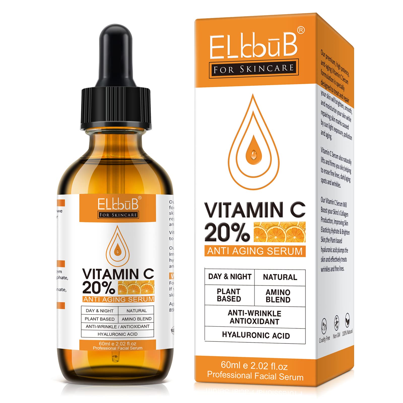 ELBBUB sérum vitamine C 20% dans une bouteille élégante, usage quotidien recommandé.