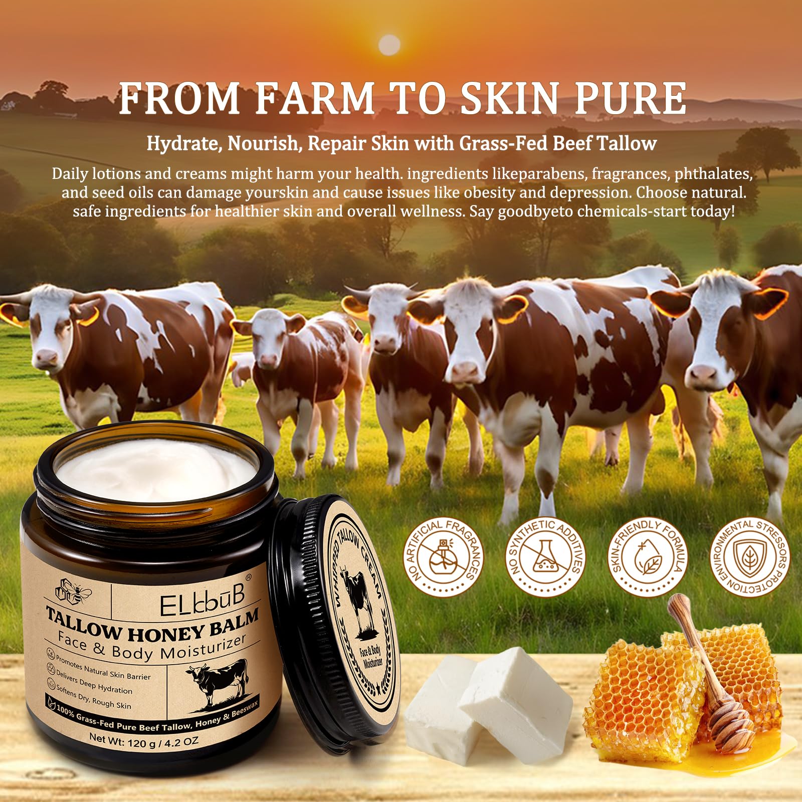 ELBBUB Crème Tallow – focus ingrédients miel et cire pour nourrir la peau