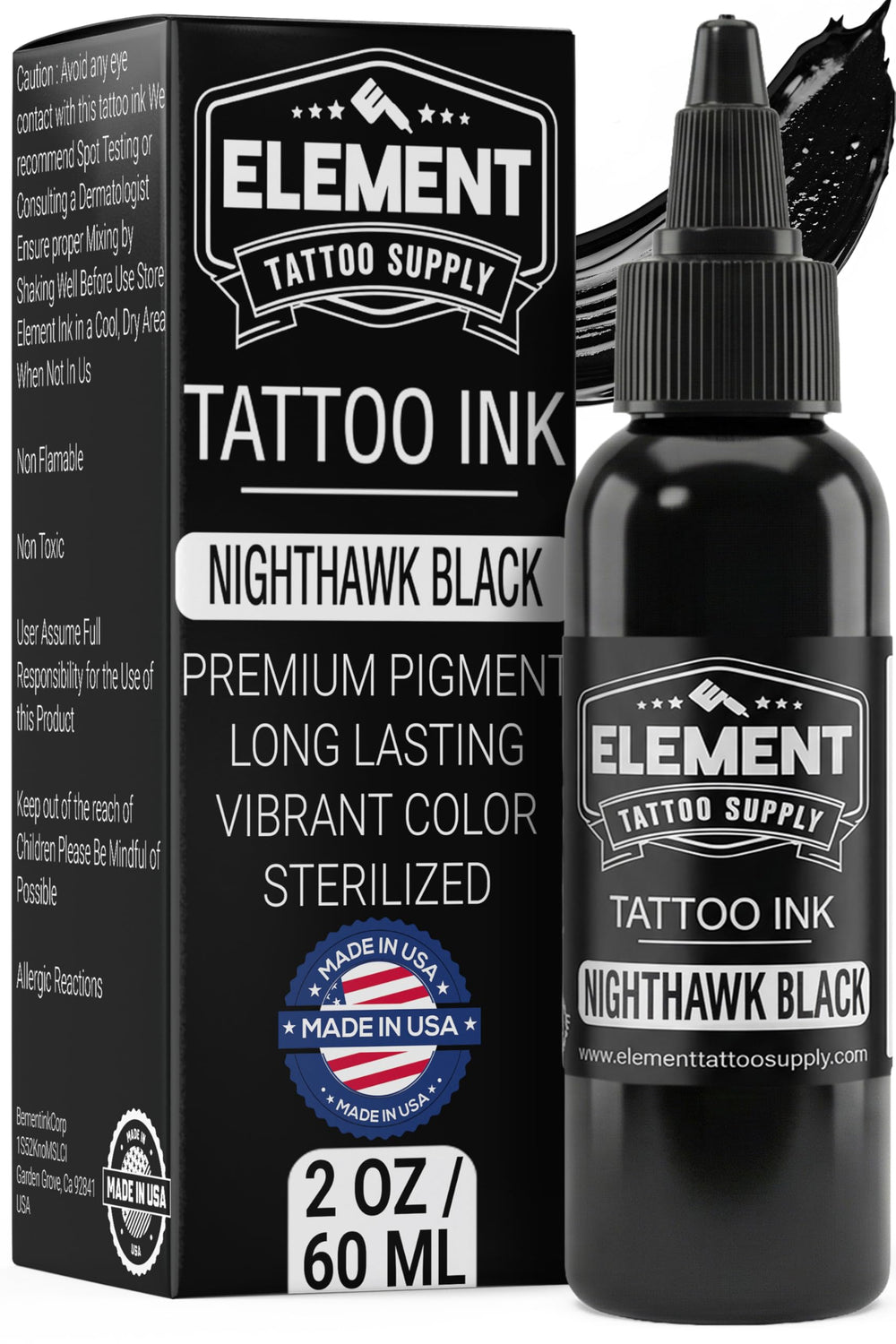 Nighthawk Black de Element Tattoo Supply — bouteille 2oz, lignage net et précis.