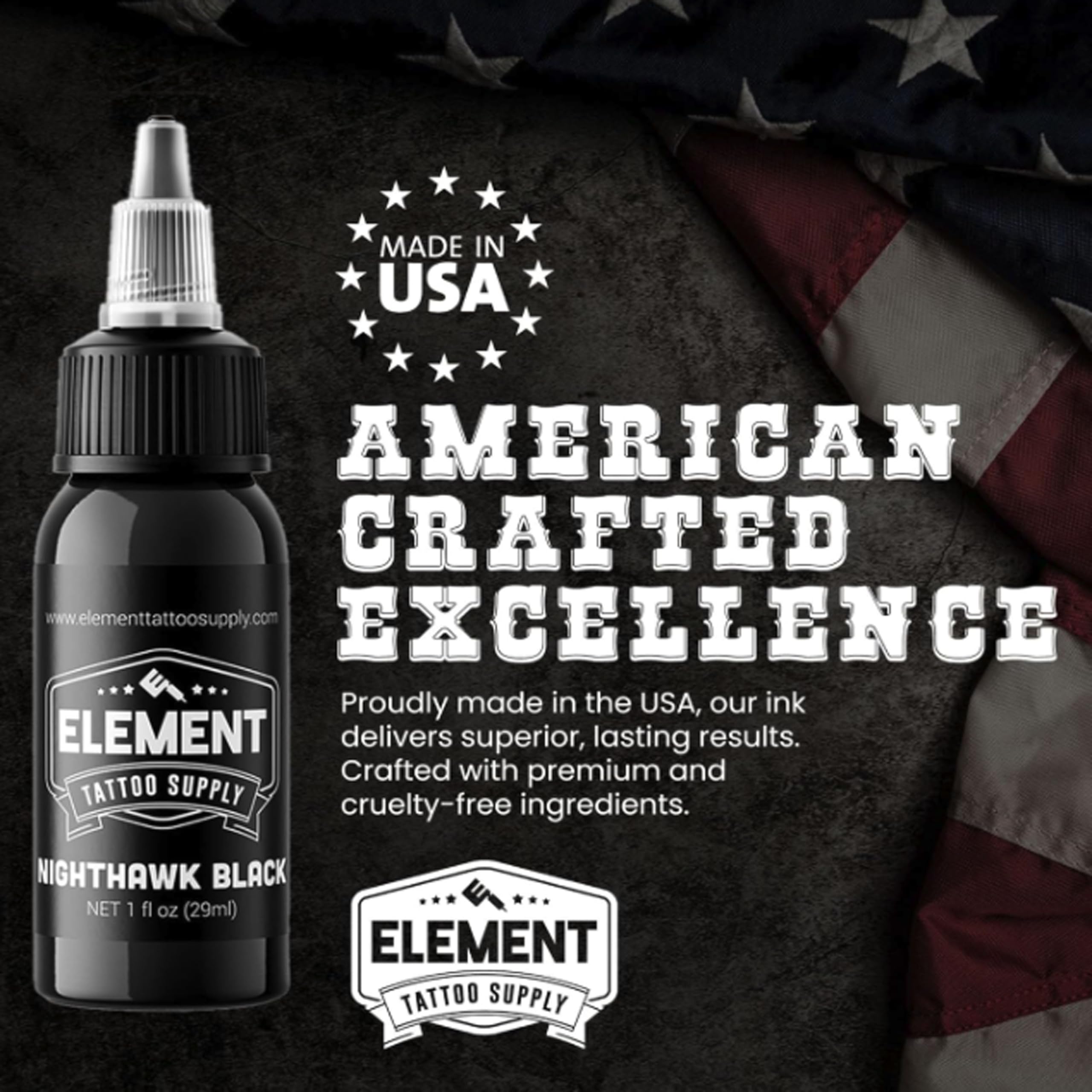 Nighthawk Black de Element Tattoo Supply — contraste stable pour résultats constants.