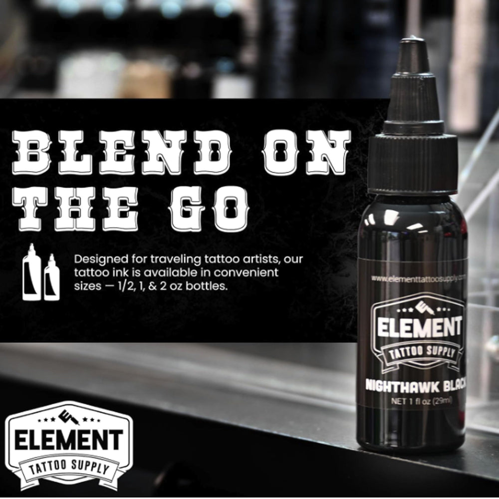 Nighthawk Black de Element Tattoo Supply — mélange de tons pour variations maîtrisées.