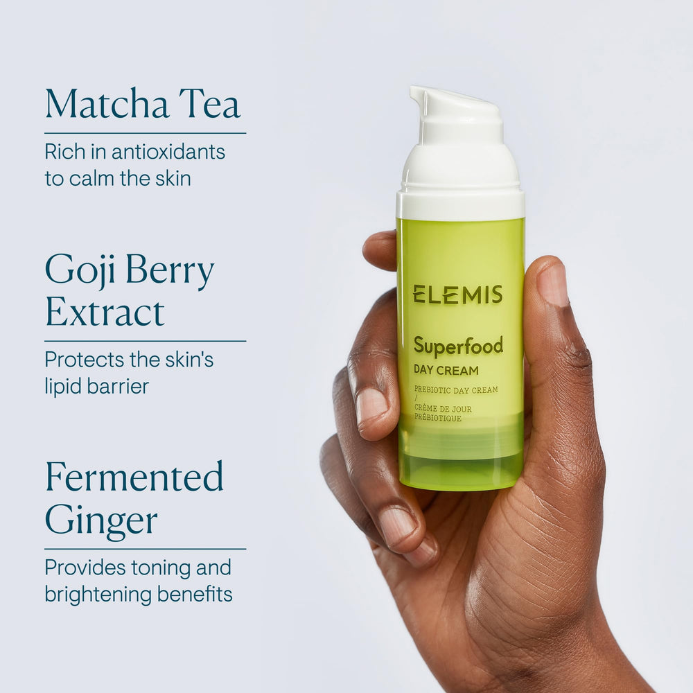 ELEMIS Crème de Jour Superfood: emballage élégant reflétant l'histoire de la marque.