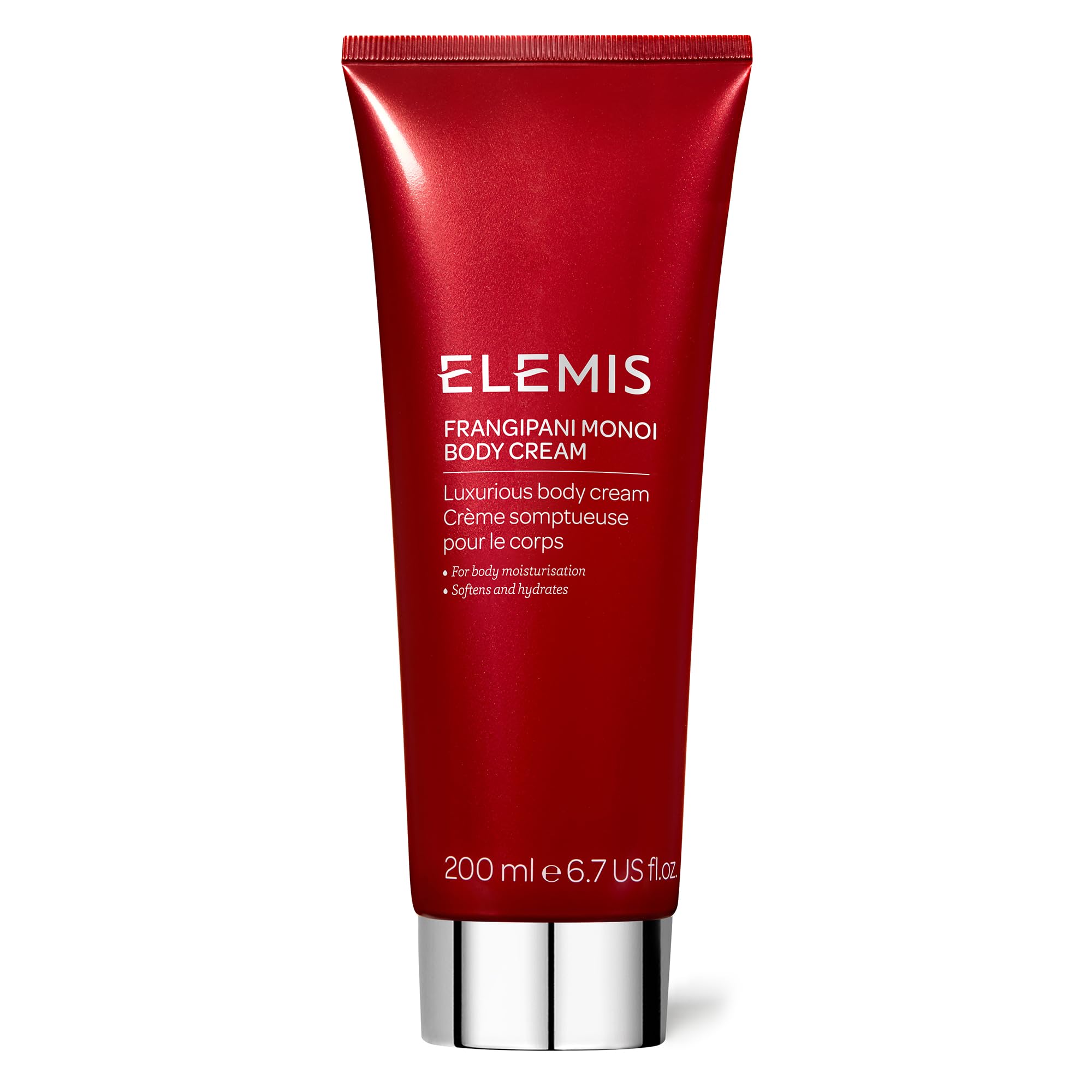 ELEMIS Frangipani Monoi crème pour le corps, flacon ouvert, hydratation intense et parfum exotique.