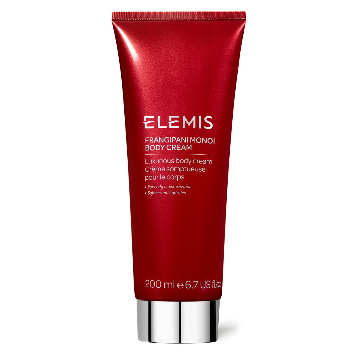 ELEMIS Frangipani Monoi crème pour le corps, flacon ouvert, hydratation intense et parfum exotique.