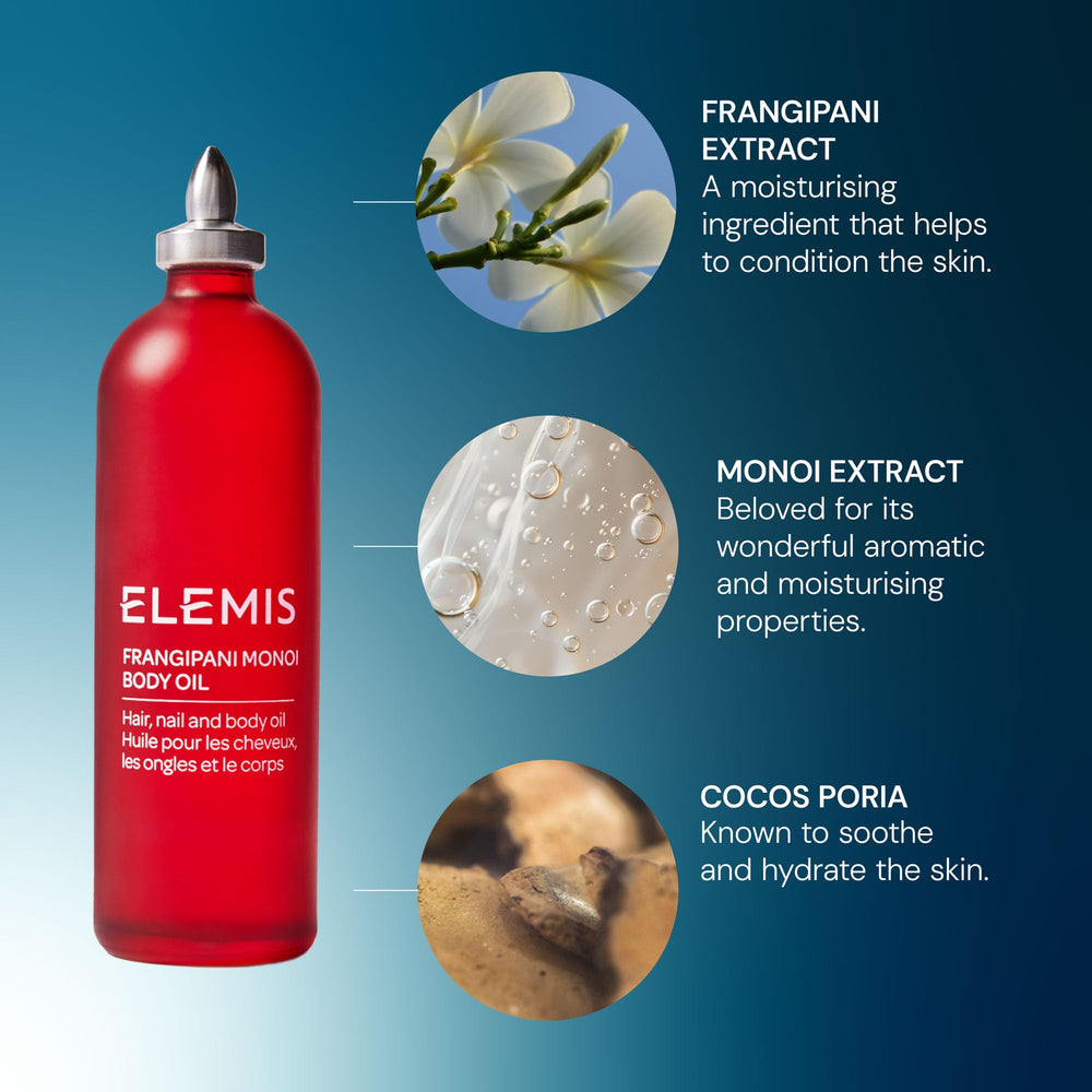 Huile ELEMIS Frangipani Monoi nourrit et adoucit peau et ongles.