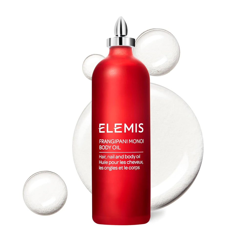 Bouteille d'huile ELEMIS Frangipani Monoi; hydratation luxueuse pour peau et cheveux.