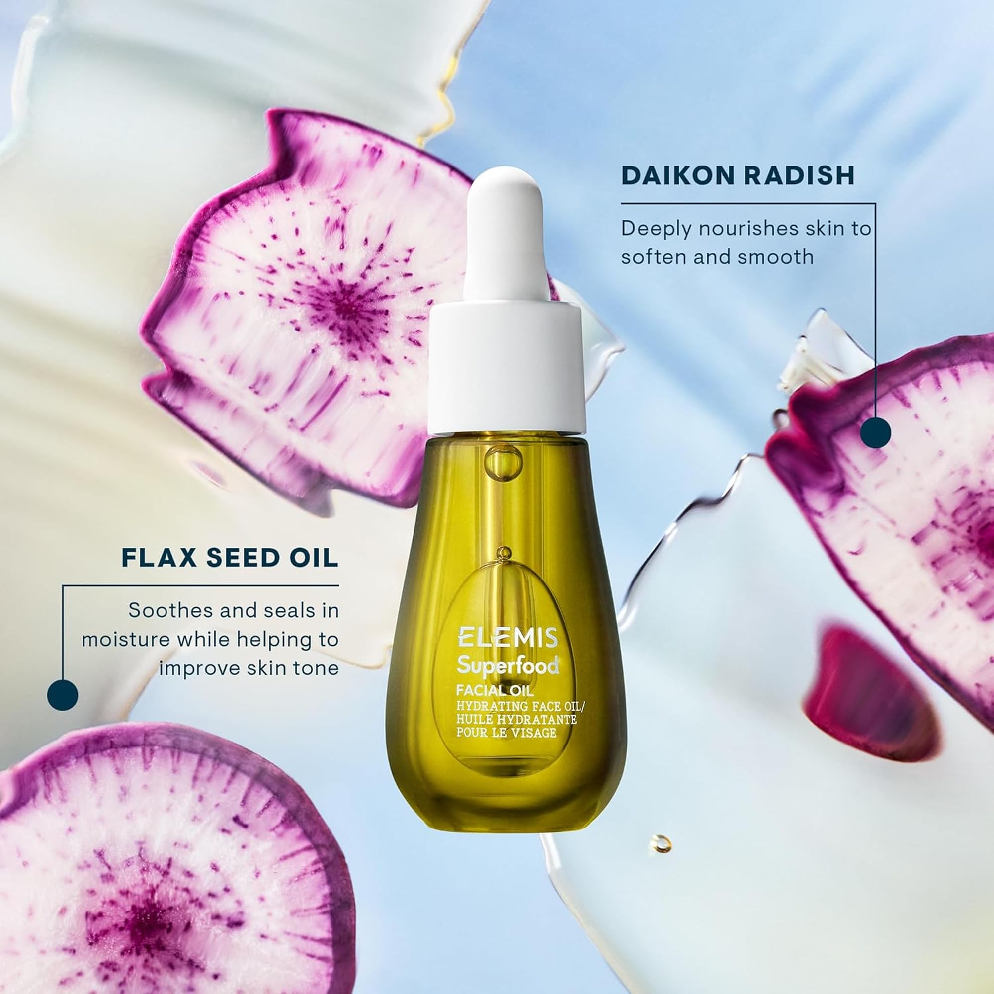 Texture légère et non grasse de l'huile ELEMIS Superfood, prête pour le maquillage.