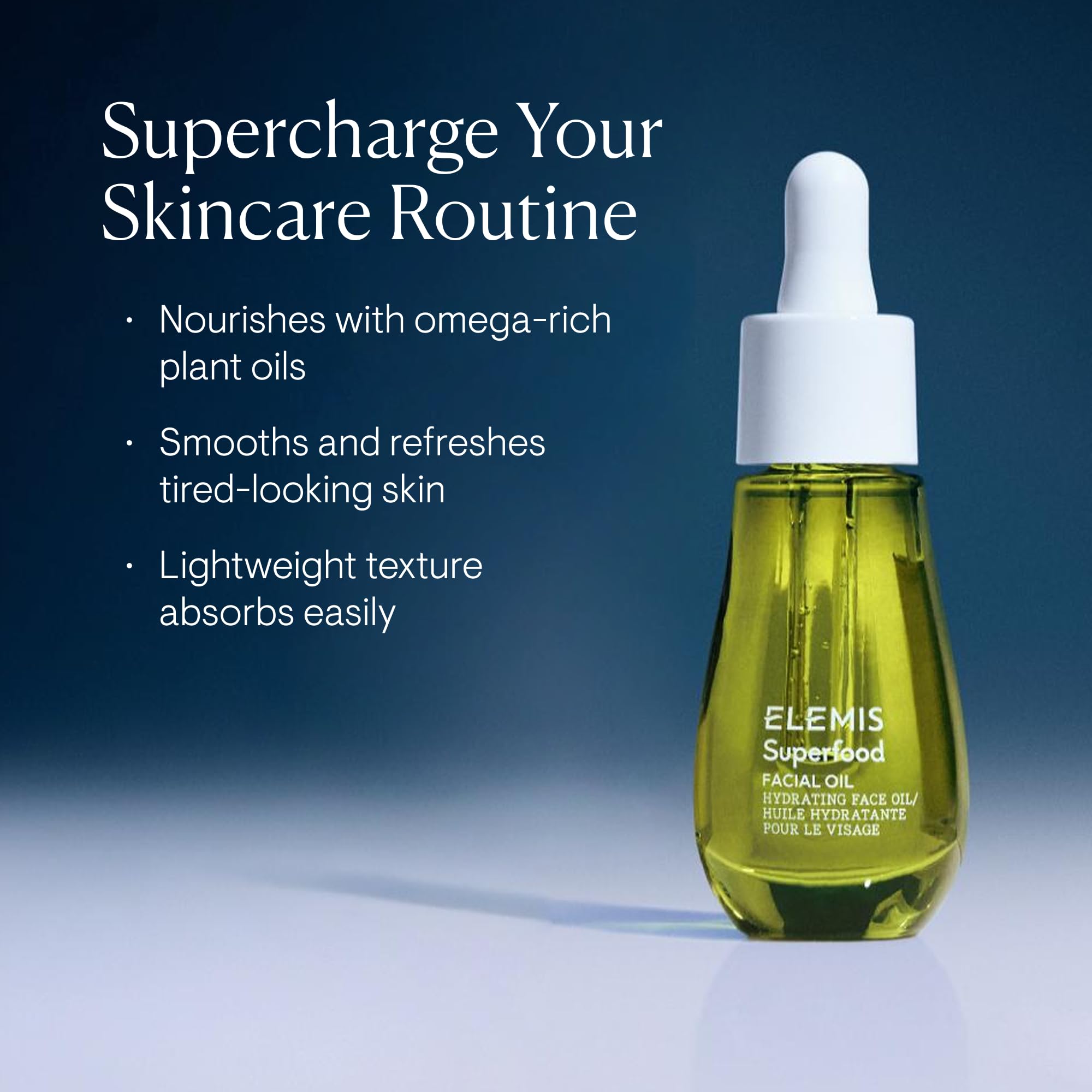 Texture légère de l'huile ELEMIS Superfood, parfaite pour une peau légère et hydratée.