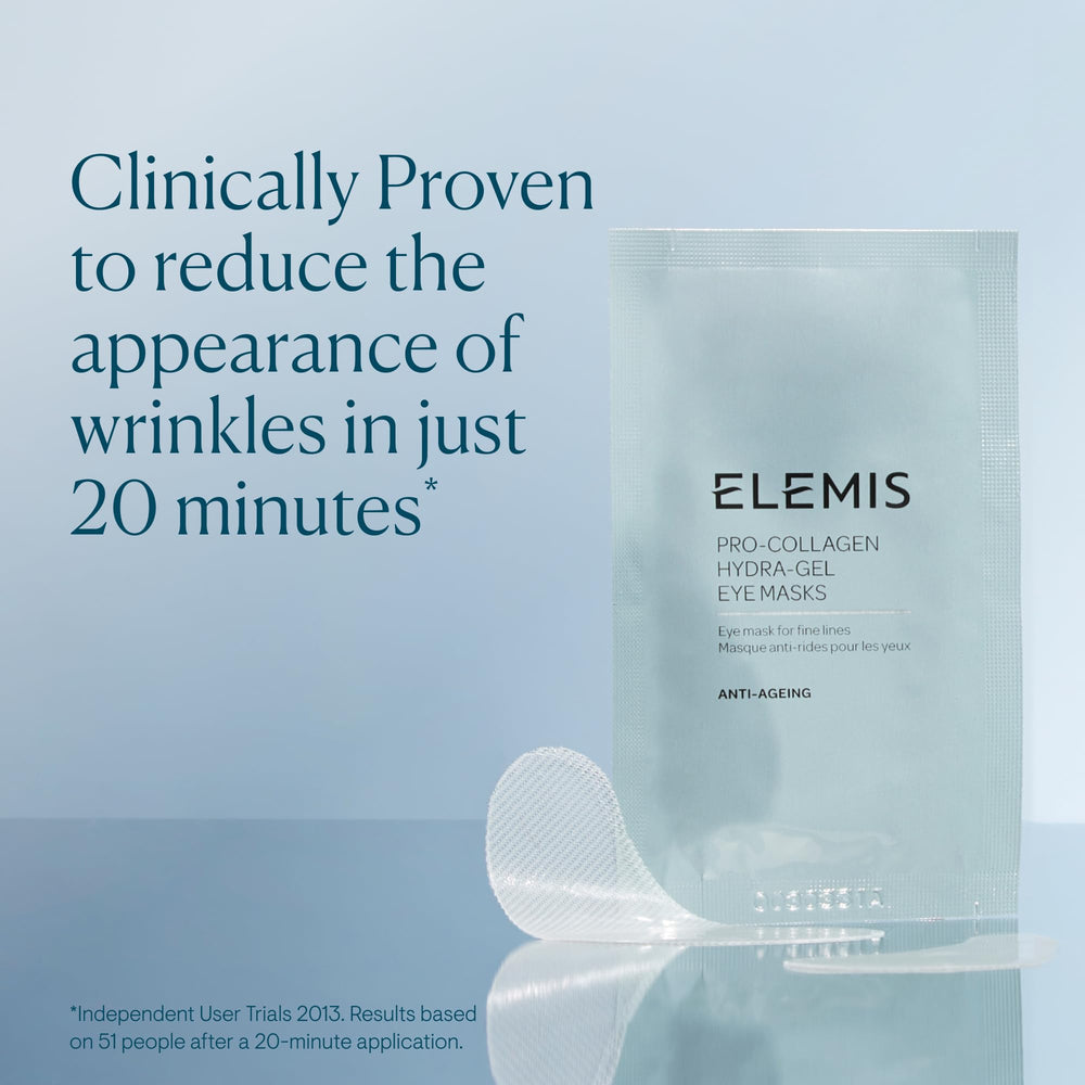 Application des masques ELEMIS Pro Collagen Eye sur le contour des yeux.