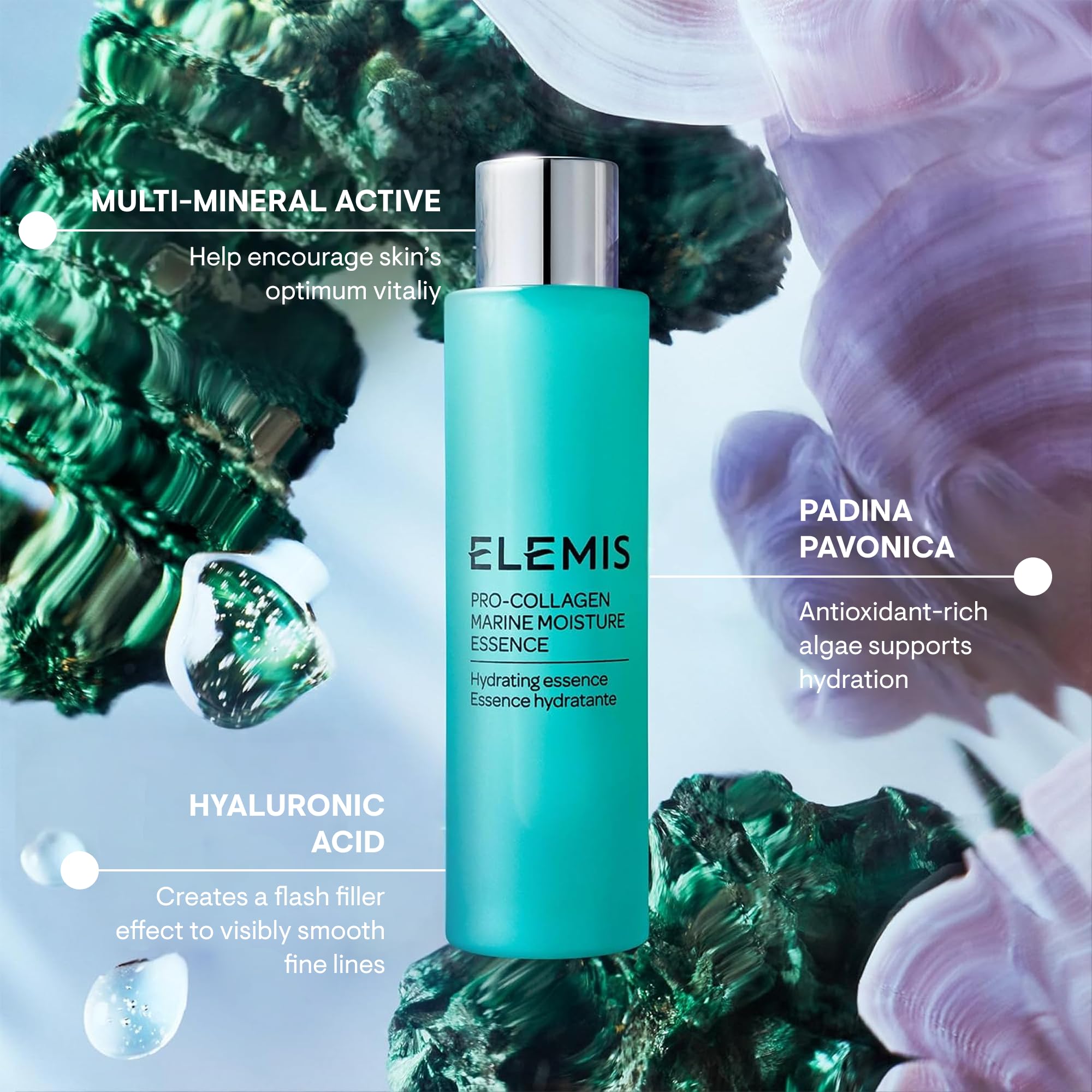 Goutte d’essence ELEMIS sur la peau lors d’une routine de soin