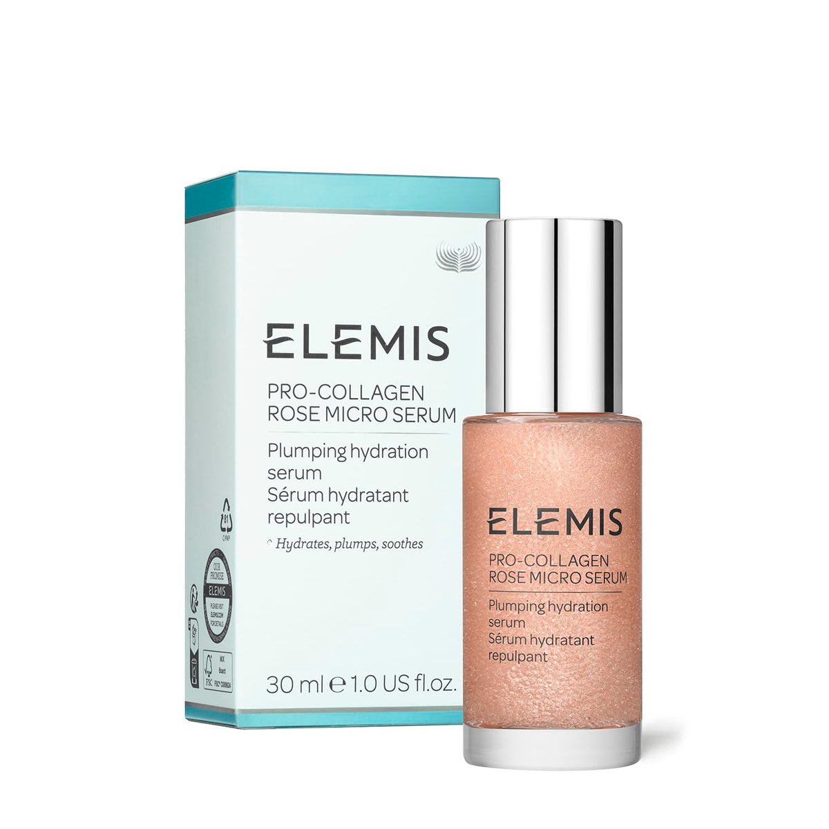 Sérum ELEMIS Pro-Collagen Rose Micro en bouteille prête à hydrater le visage.