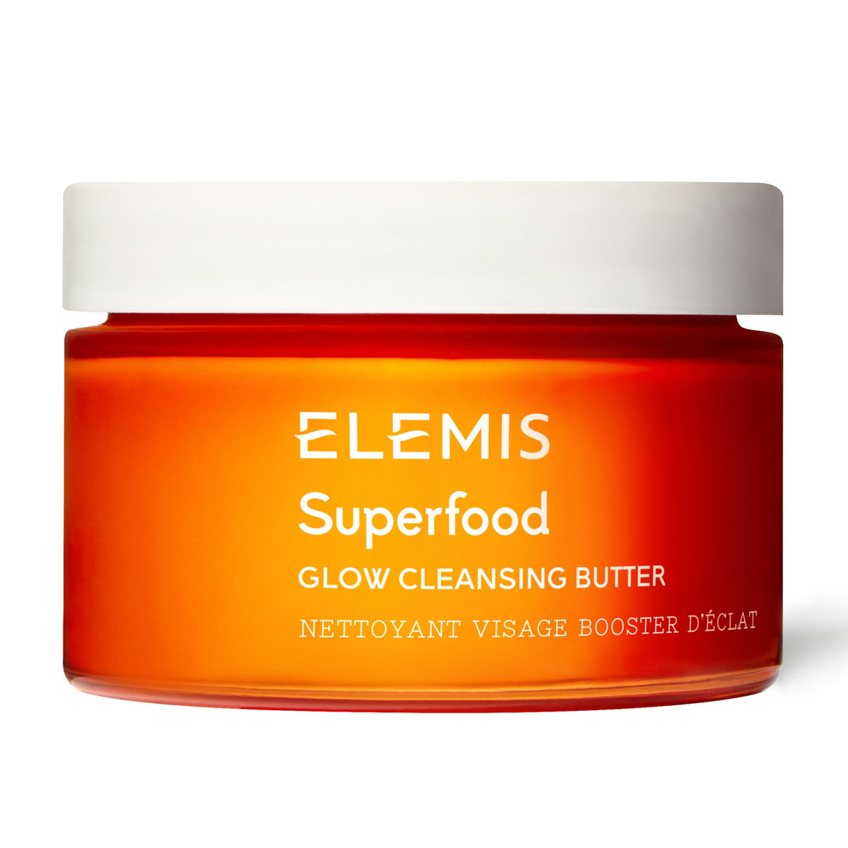 ELEMIS Superfood AHA Glow Cleansing Butter — bouteille en gros plan, nettoyage en douceur et éclat.
