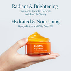 ELEMIS Superfood AHA Glow Cleansing Butter — texture beurre qui se transforme en lait pour l'hydratation.