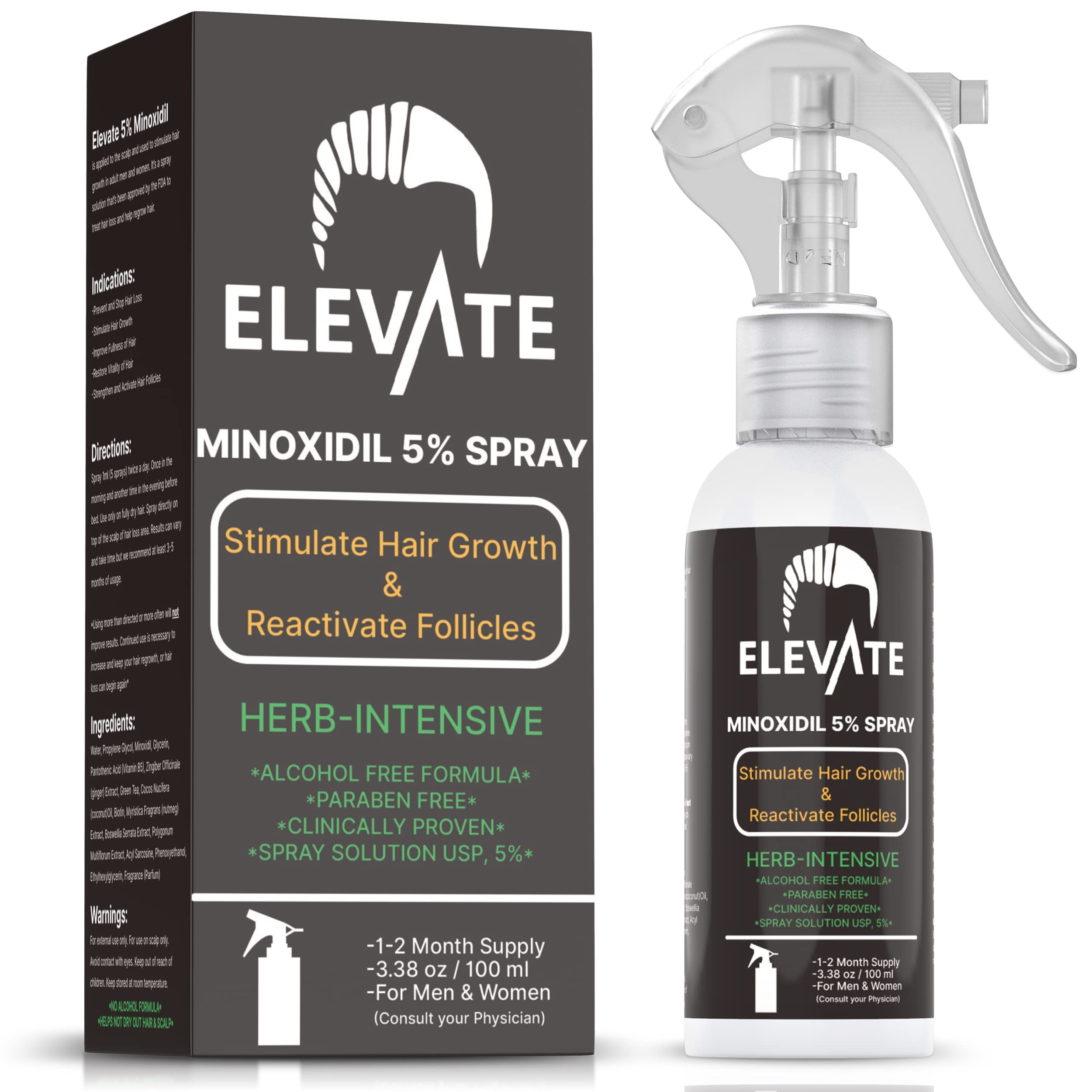 Elevate 5% Minoxidil spray bottle with non-greasy, quick-absorbing formula for daily use