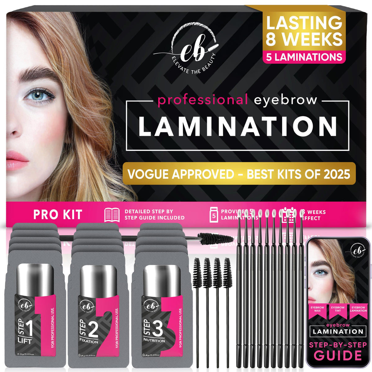 Elevate The Beauty kit lamination sourcils: emballage professionnel prêt à utiliser.