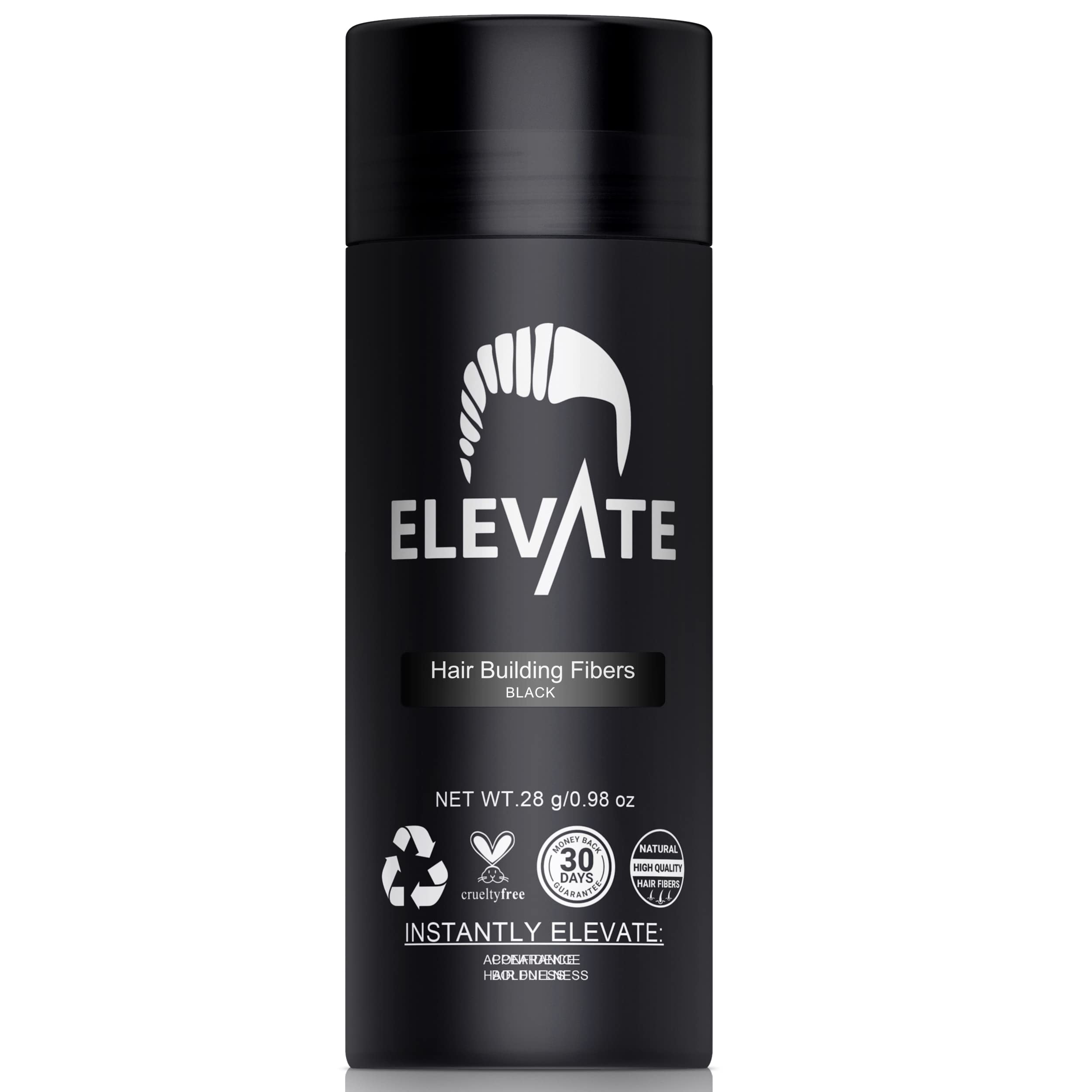 Elevate Hair Fibers flacon noir prêt à donner une impression de cheveux plus épais