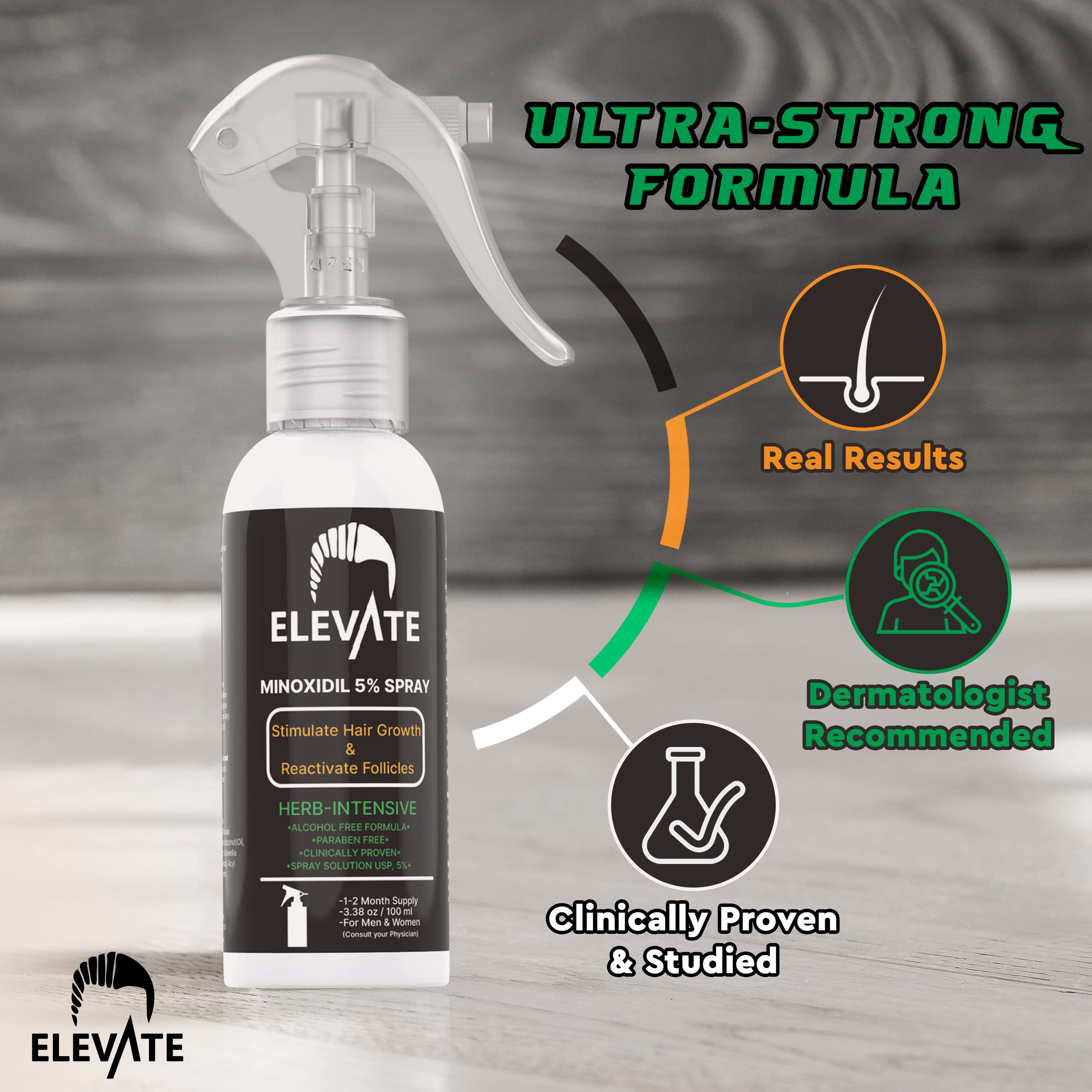 Elevate minoxidil spray cap close-up for precise thinning-area application