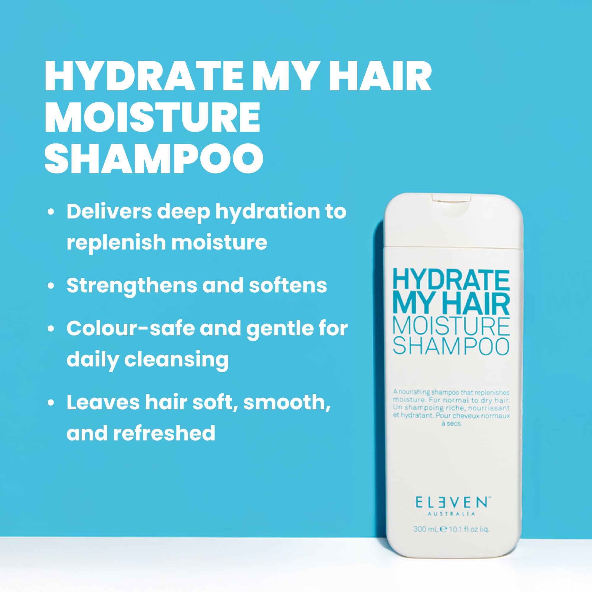 Étiquette du produit Hydrate My Hair indiquant les bénéfices et usage
