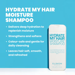 Étiquette du produit Hydrate My Hair indiquant les bénéfices et usage