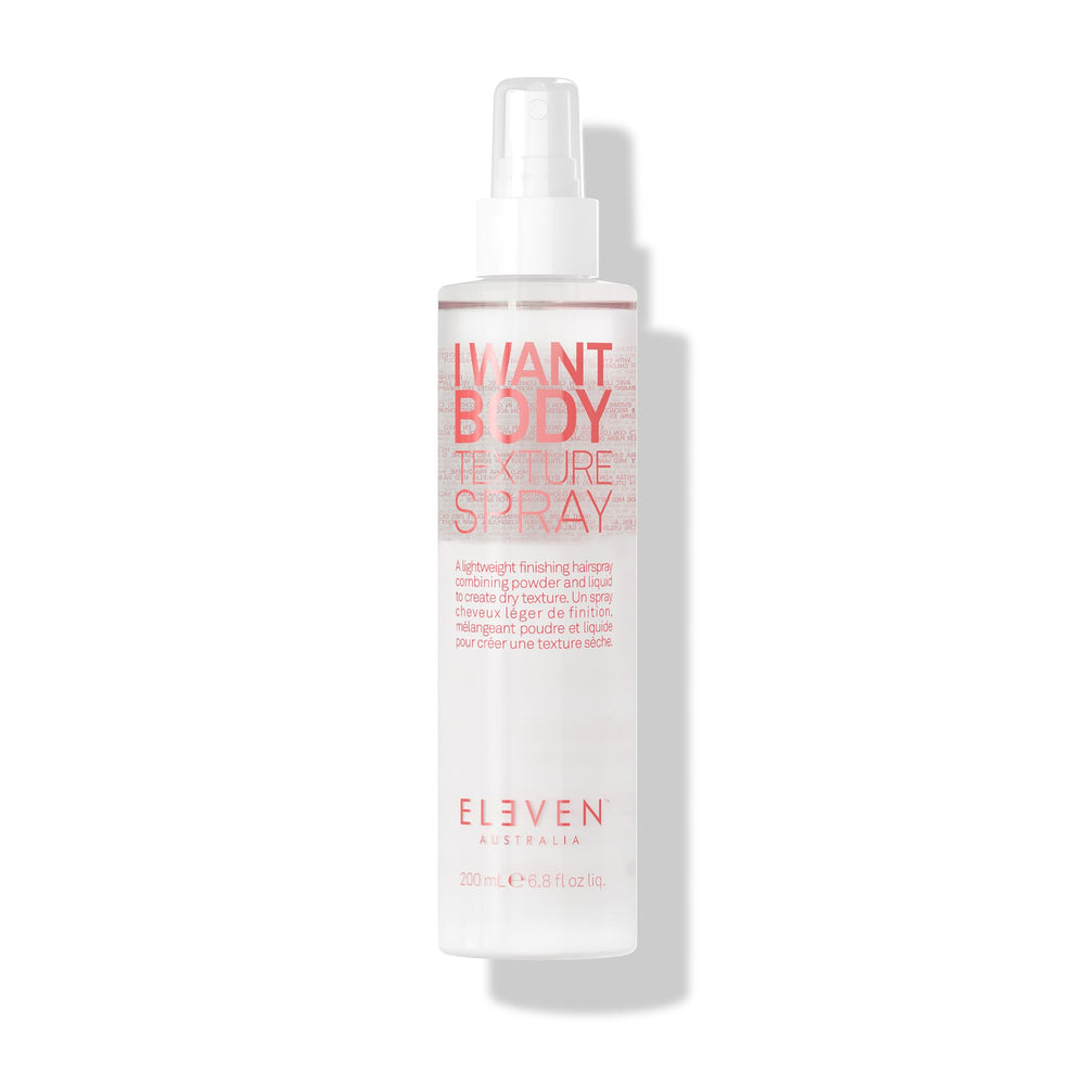 I Want Body Texture Spray d’ELEVEN AUSTRALIA — bouteille en gros plan et texture prête à la mise en forme