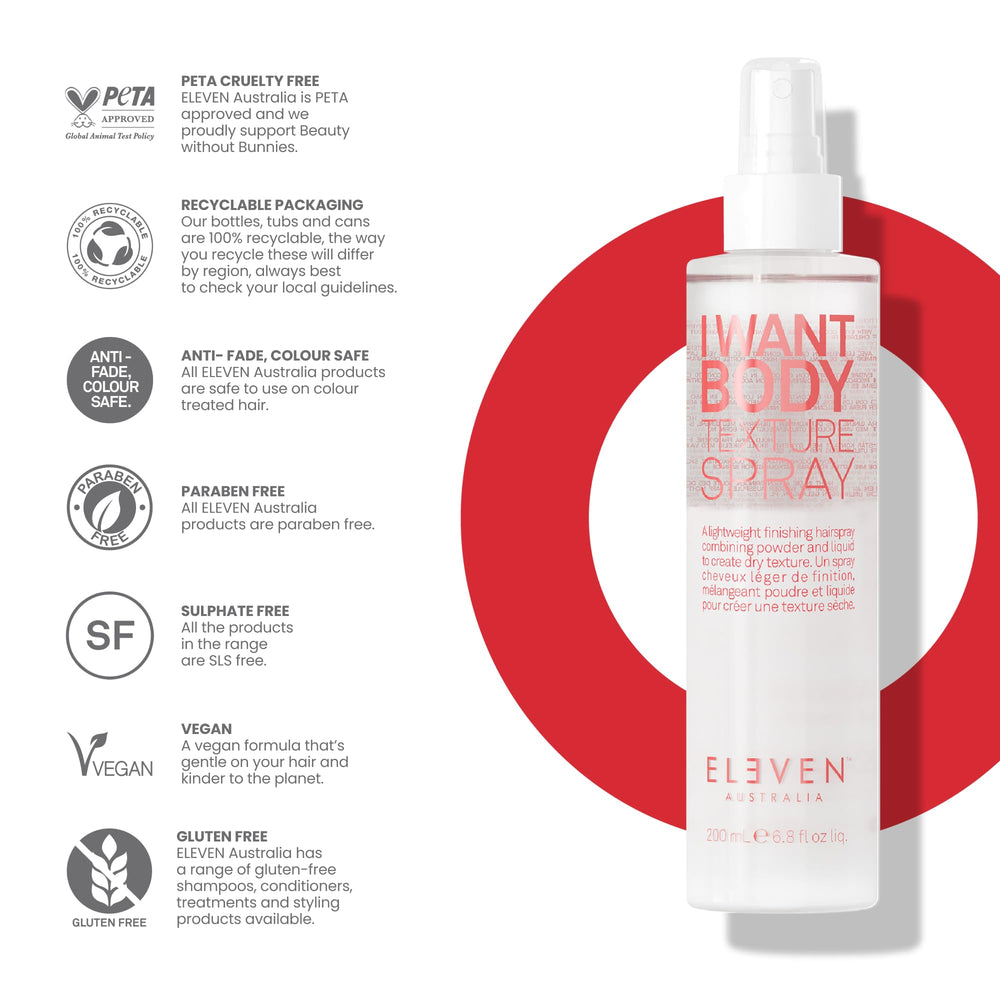 I Want Body Texture Spray d’ELEVEN AUSTRALIA — close-up poudre et liquide