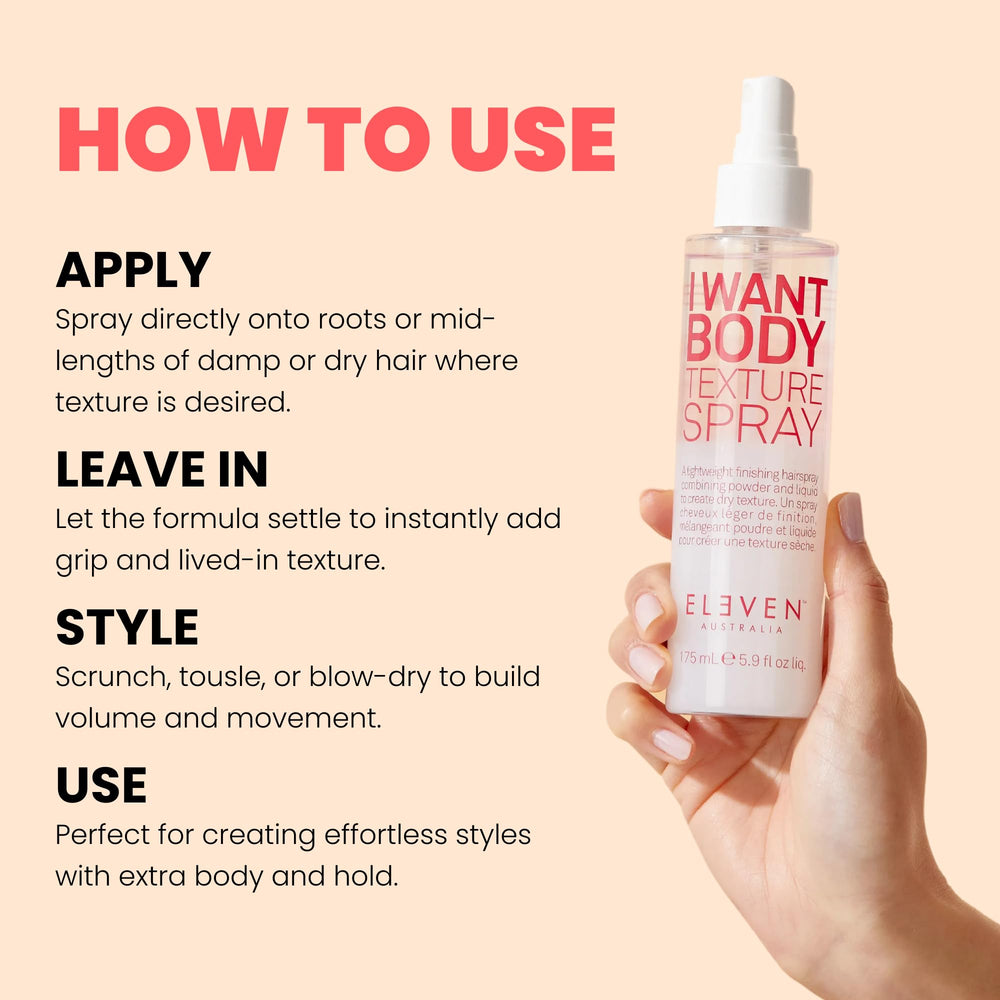 I Want Body Texture Spray d’ELEVEN AUSTRALIA — application sur les racines et longueurs