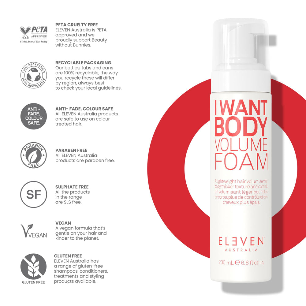 ELEVEN AUSTRALIA I Want Body Volume Mousse – fini naturel et doux après séchage.