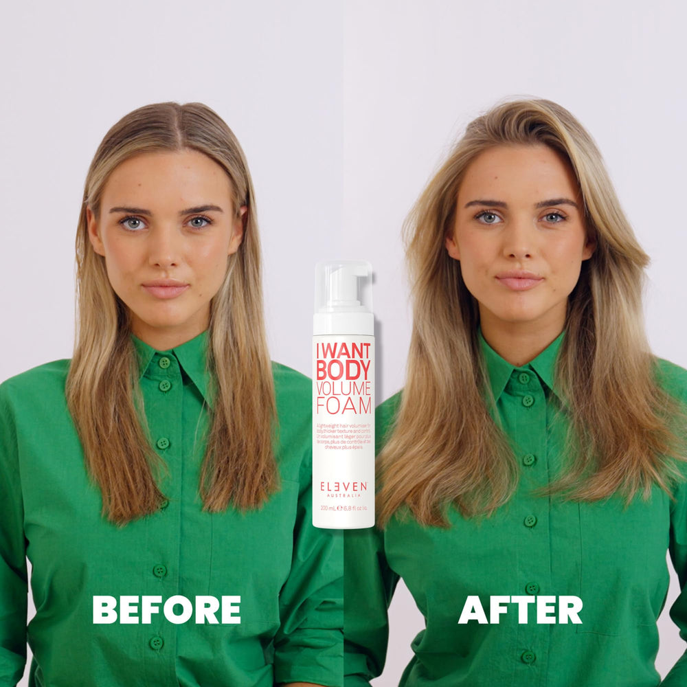 ELEVEN AUSTRALIA I Want Body Volume Mousse – coiffage rapide pour cheveux fins à moyens.