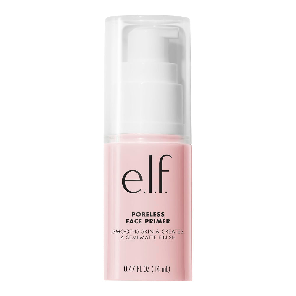 e.l.f. base sans pores sur la bouteille, prête pour le maquillage.