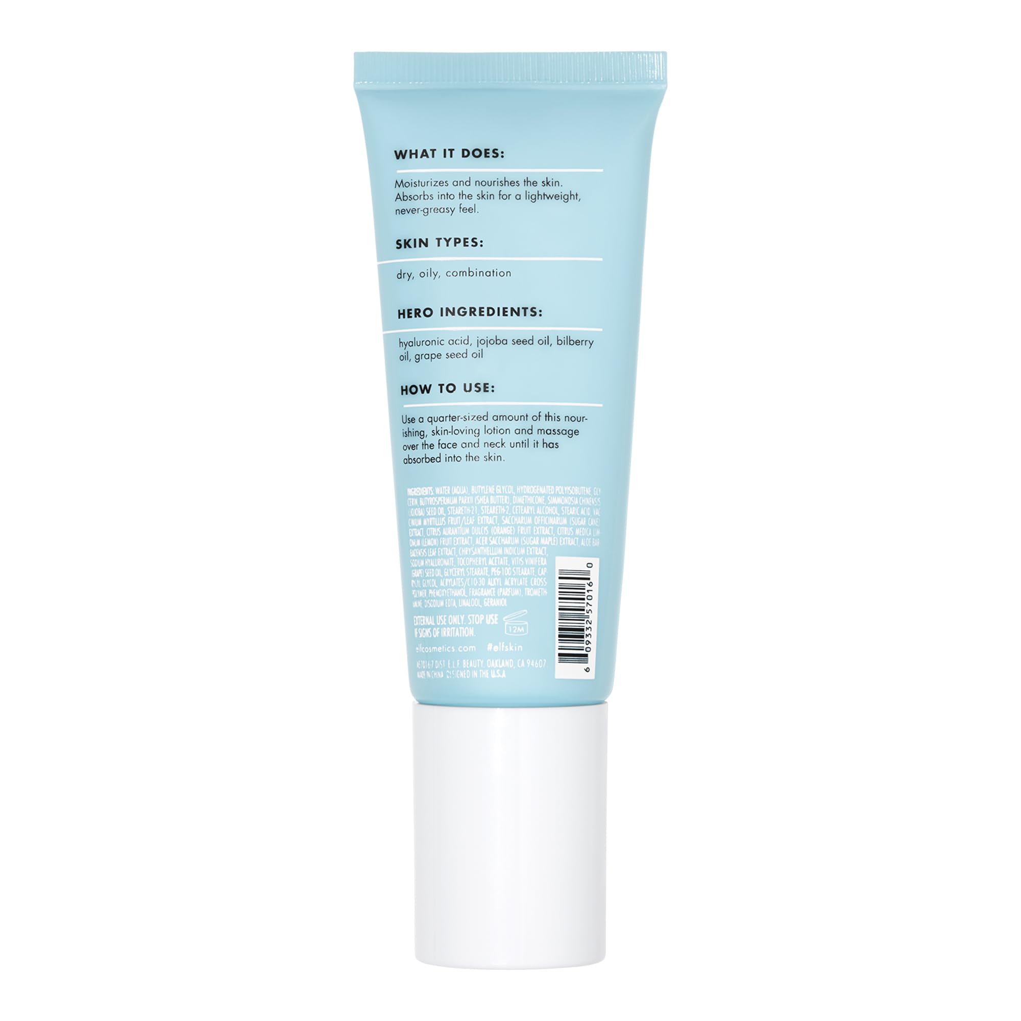 e.l.f. SKIN Holy Hydration! ingrédients Aloe, Jojoba et Beurre de Karité nourrissent la peau