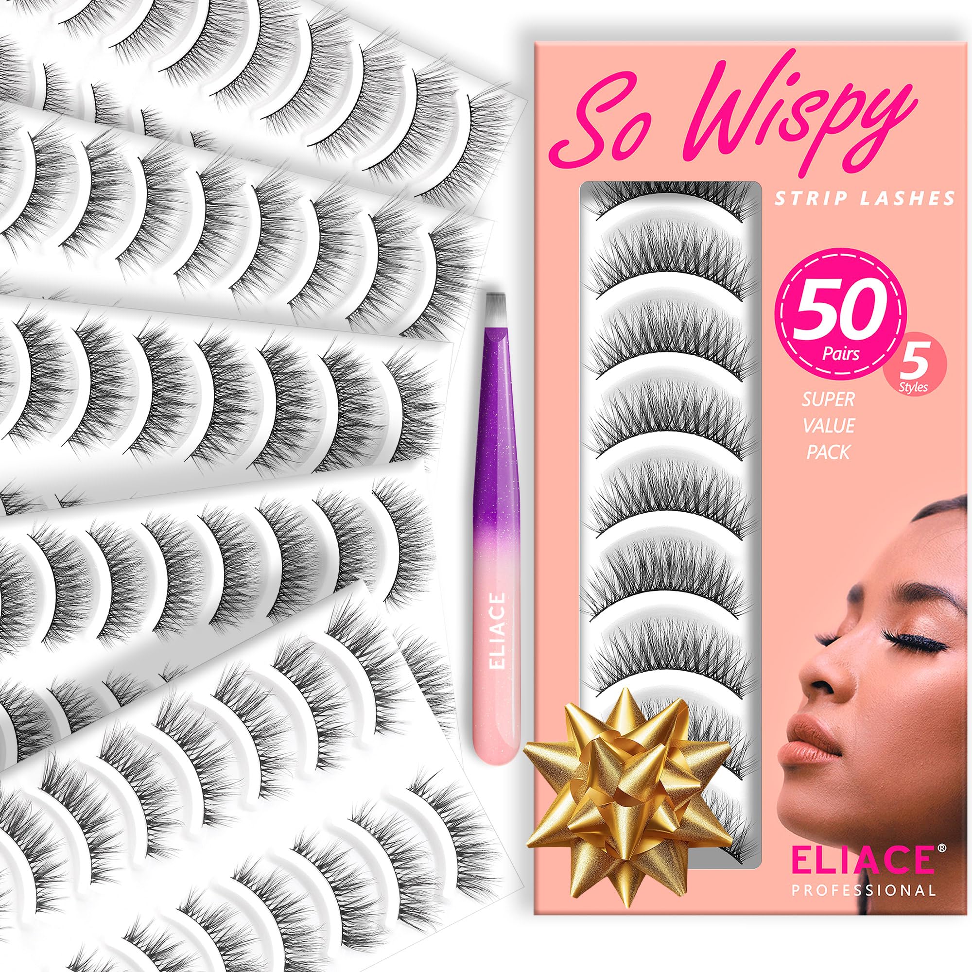 Cils Eliace luxueux en coffret, ensemble de 50 paires pour un regard ouvert.