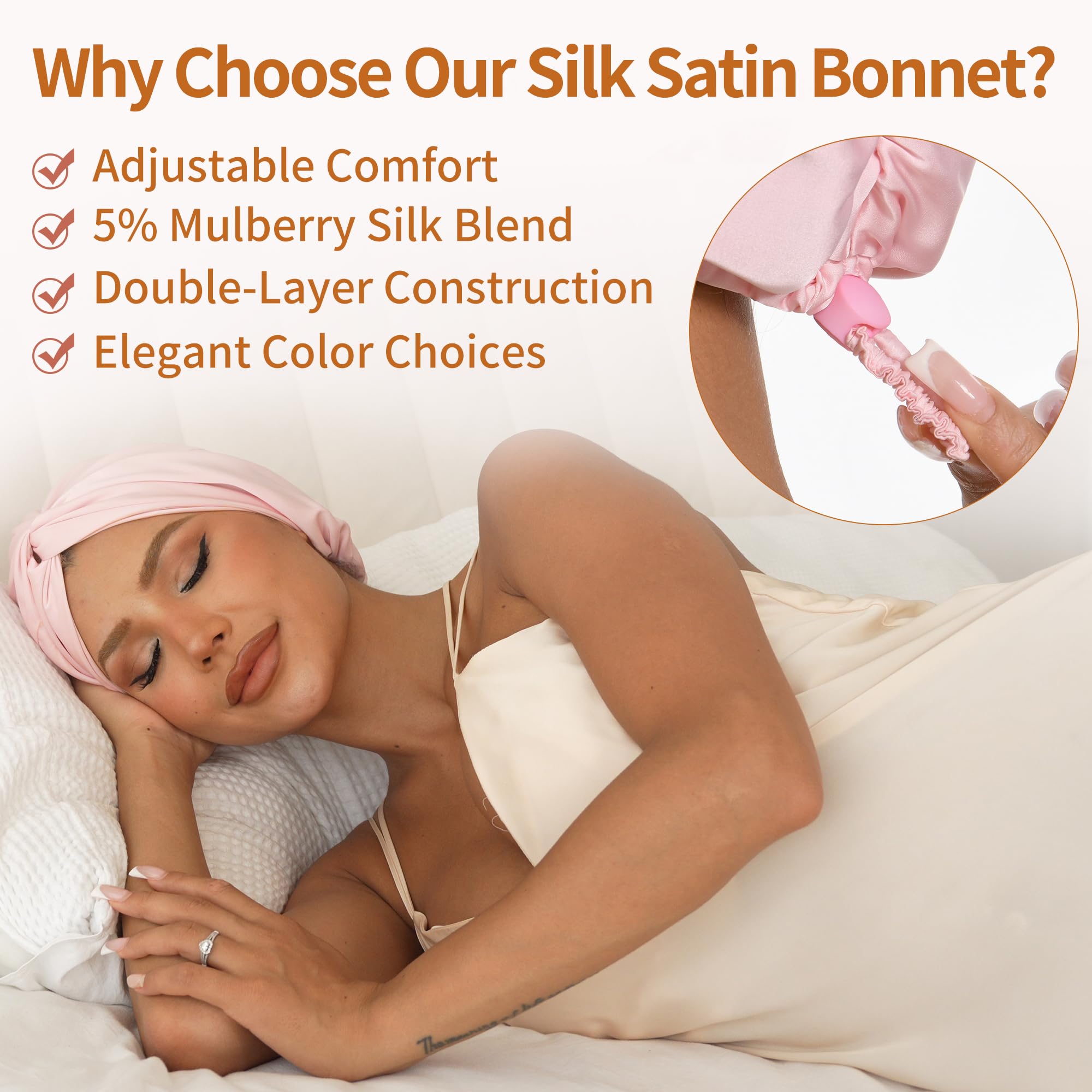 ELIO bonnet-nuit soie satin rose double couche: confort et hydratation délicate.