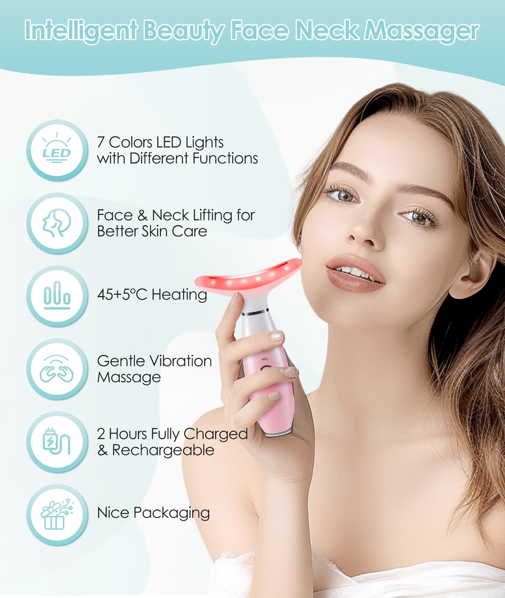 Massageur ELISHINE visage et cou, mode thermique pour revitaliser la peau.