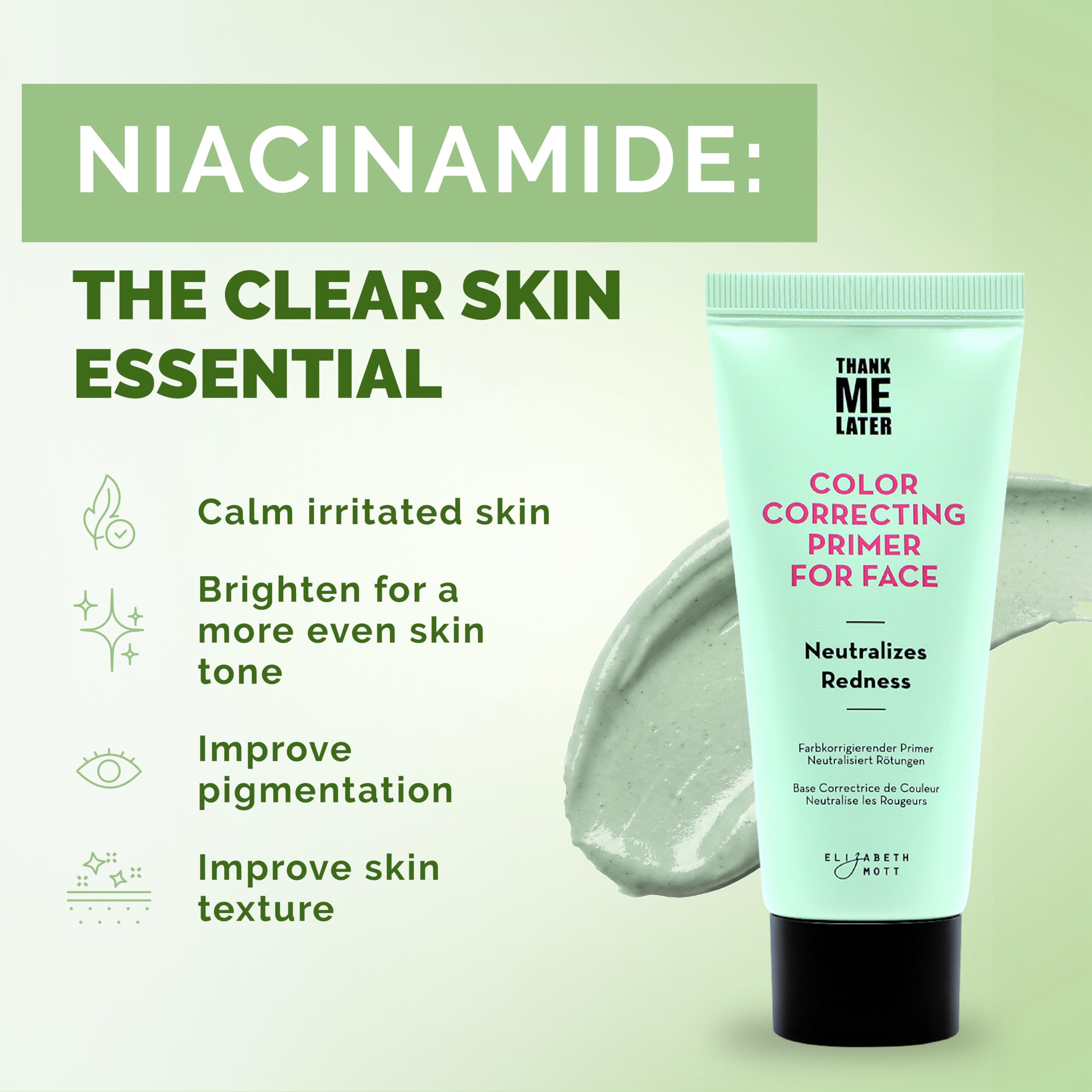 Texture crème verte du primer montre correction des rougeurs et hydratation légère.
