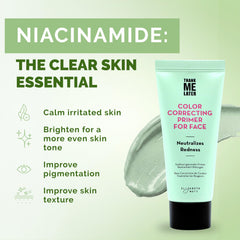 Texture crème verte du primer montre correction des rougeurs et hydratation légère.
