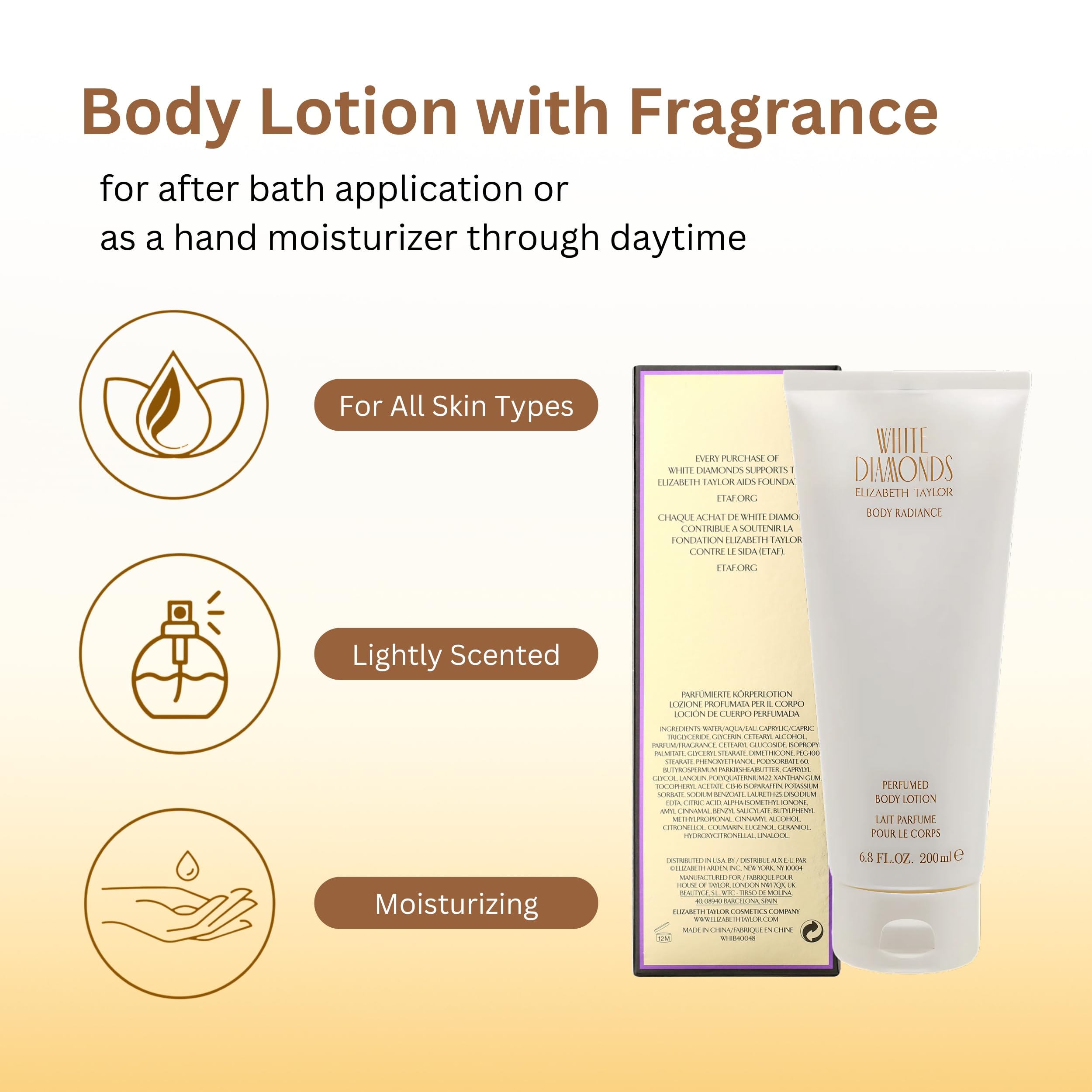 Elizabeth Taylor White Diamonds application sur peau: hydratation légère et parfum durable.