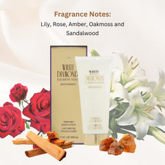 Notes lily rose detail of Elizabeth Taylor White Diamonds scent for daytime freshness