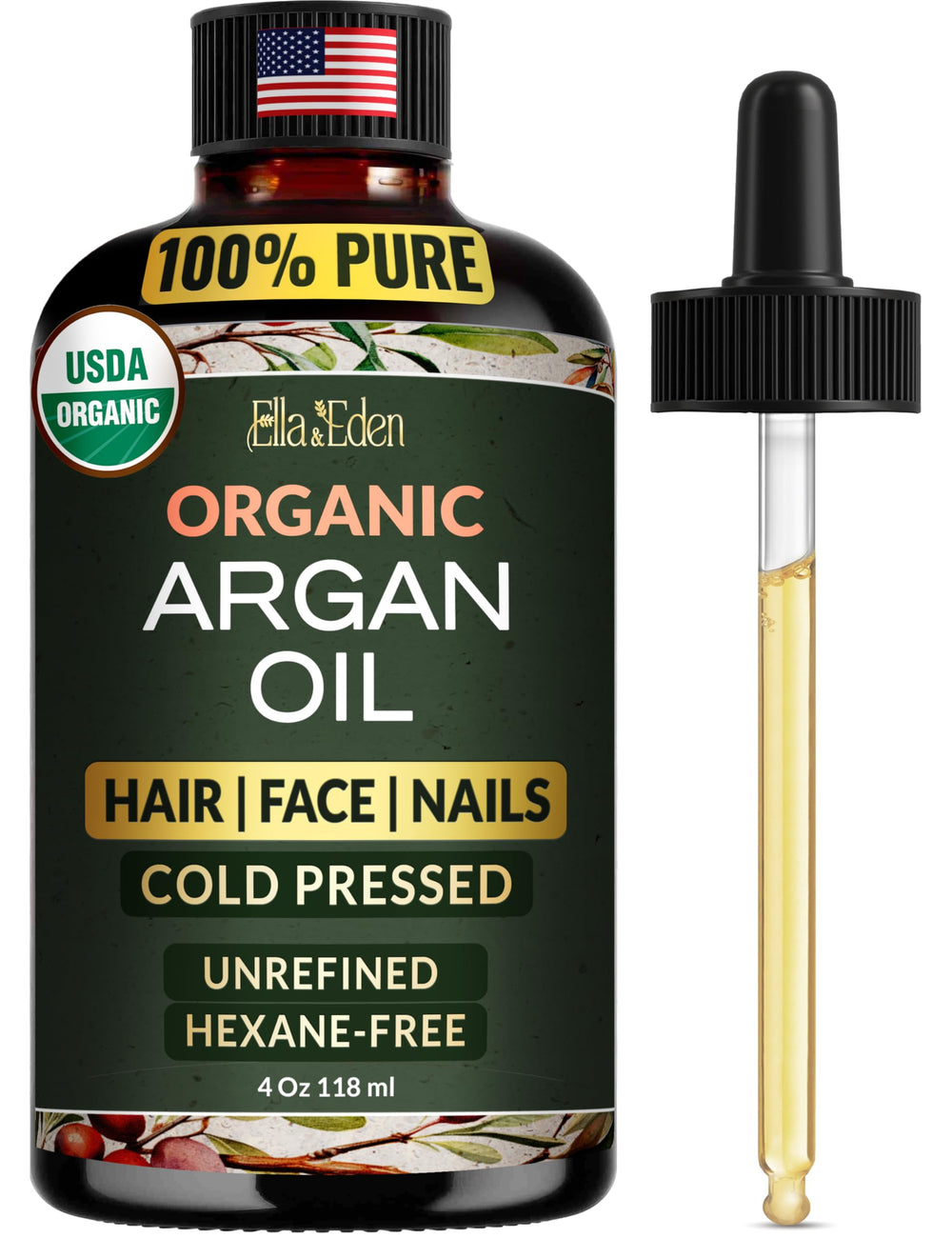 Ella & Eden huile d'argan bio - bouteille en verre pour hydratation durable.