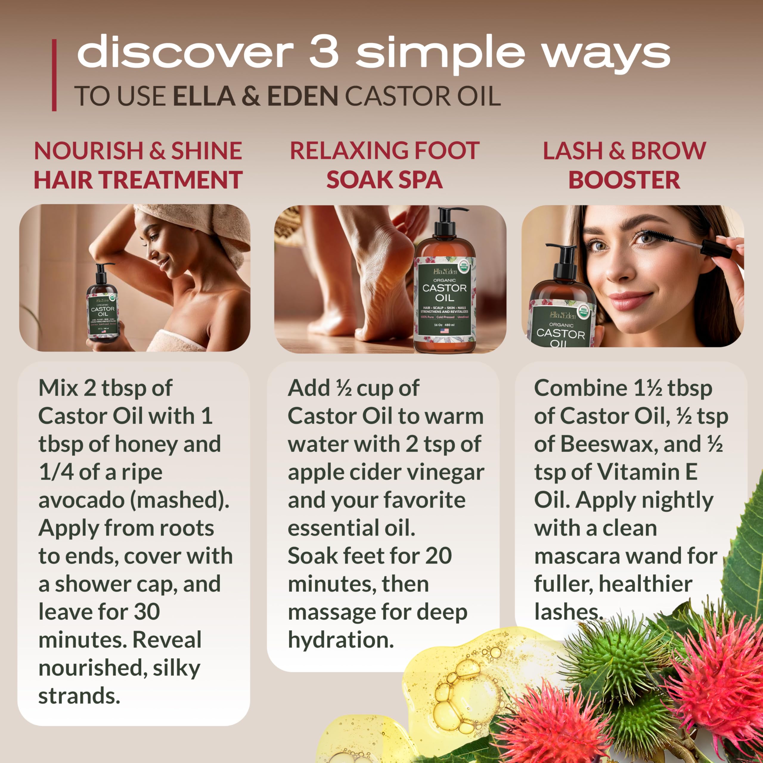 Application capillaire d'huile de ricin Ella & Eden pour cheveux nourris et brillants.