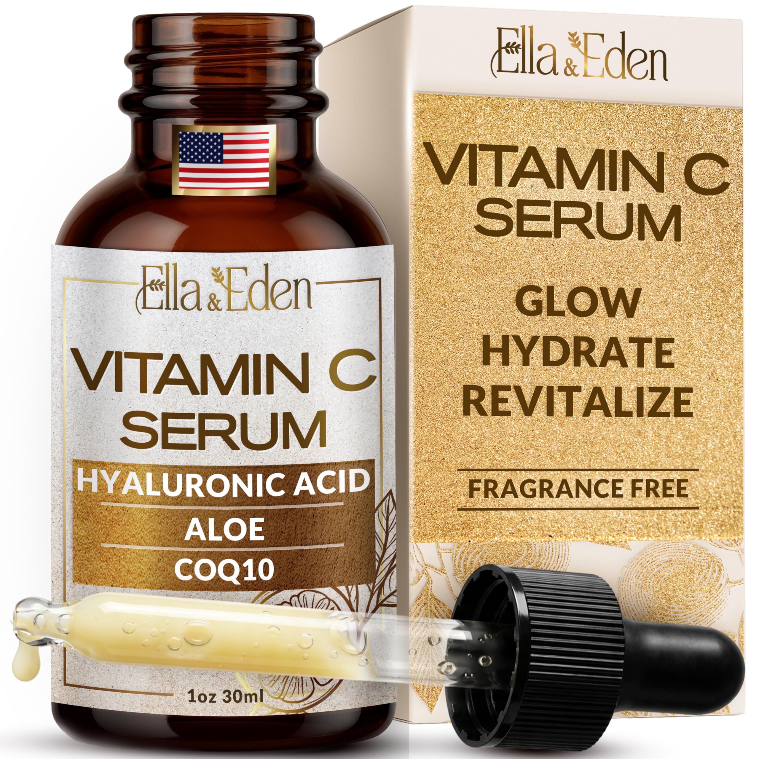Ella & Eden Sérum vitamine C – visuel bouteille pompe, soin quotidien lumineux.