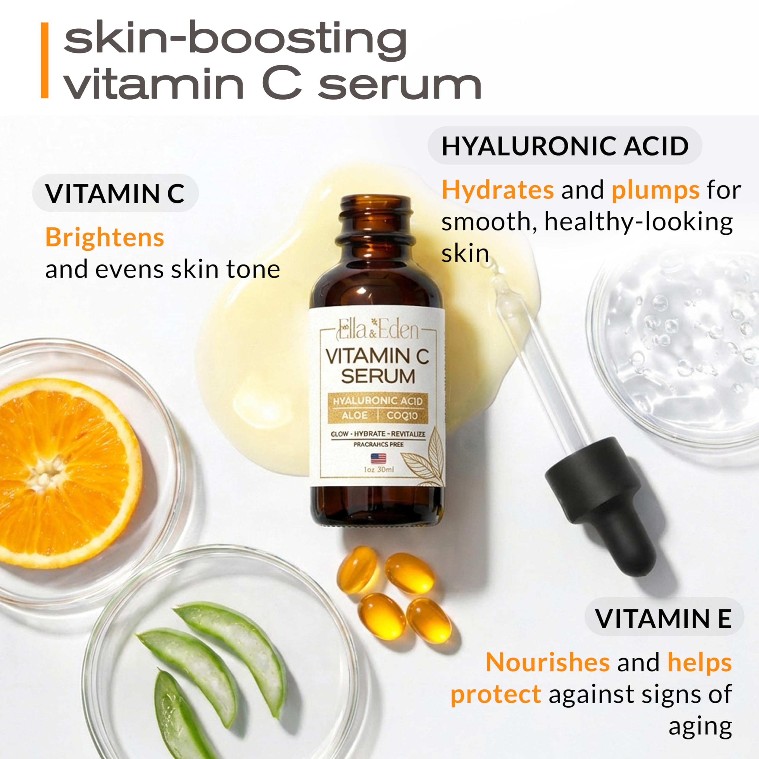 Ella & Eden Sérum vitamine C – goutte application, absorption rapide.
